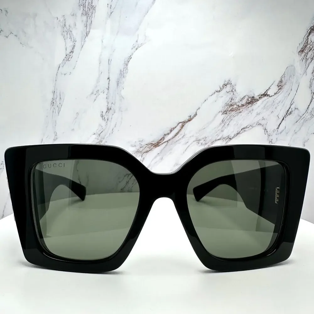 New GUCCI Sunglasses Black Gold Logo Square Oversized 51mm Grey Lens Womens